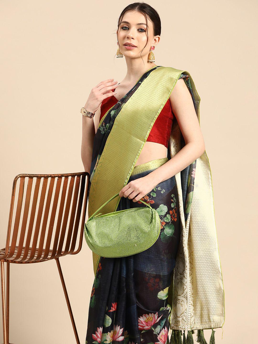 silk land floral printed zari pichwai muga silk saree