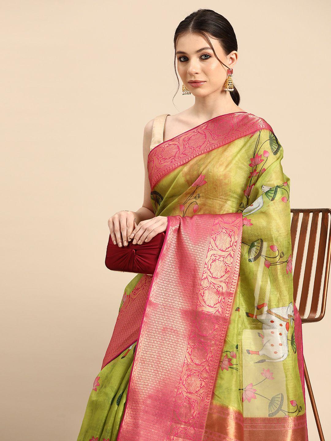 silk land floral printed zari pichwai muga silk saree