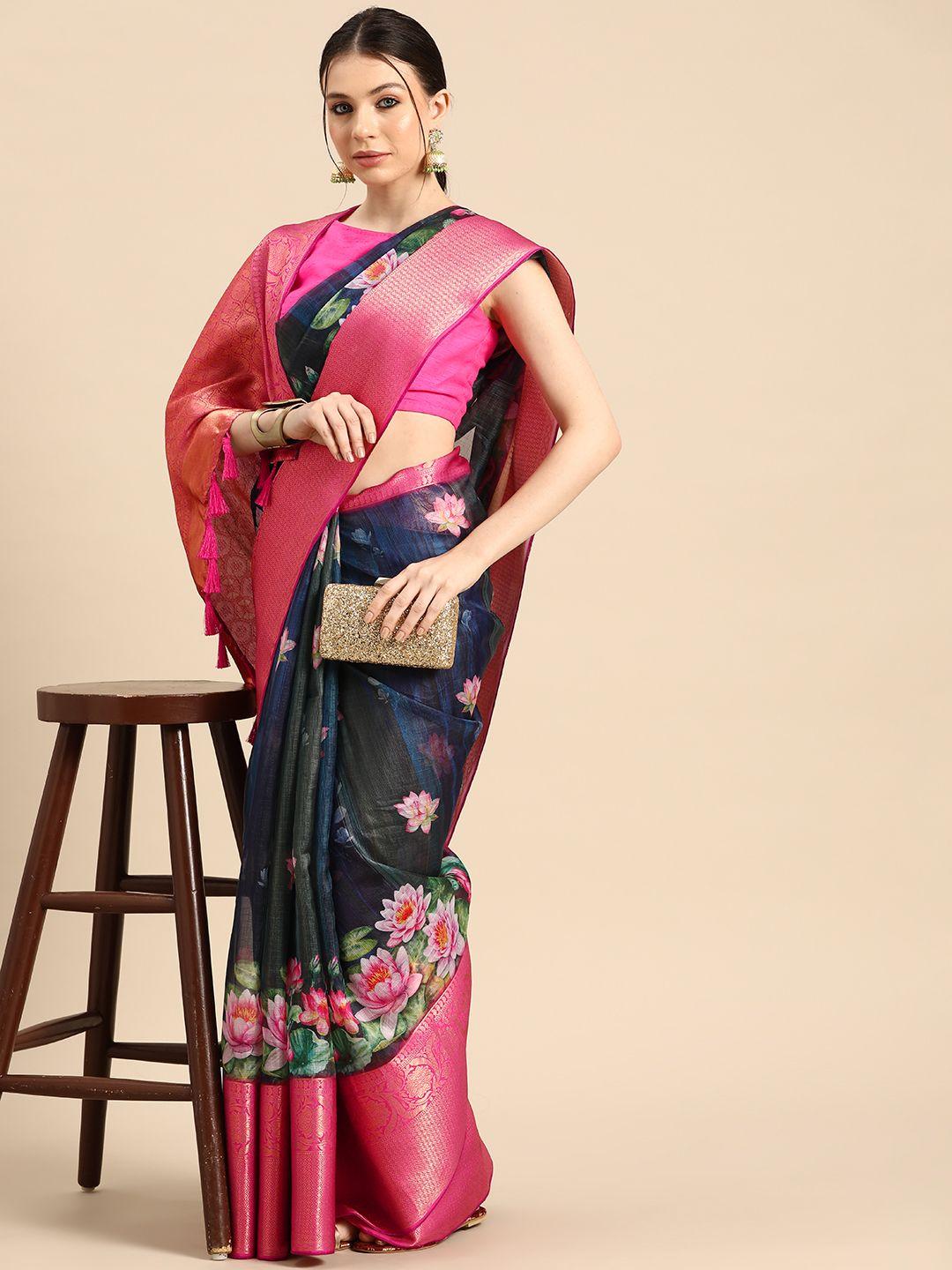 silk land floral printed zari pichwai muga silk saree