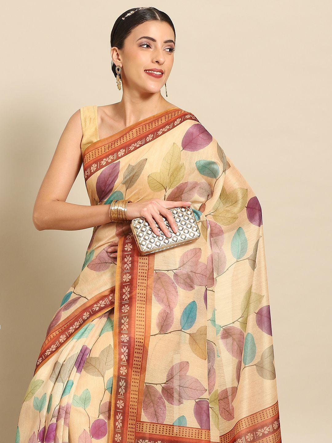 silk land floral zari pure cotton block print saree