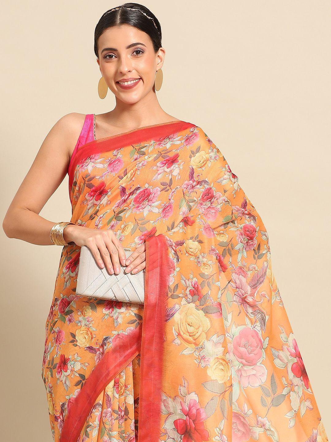 silk land floral zari pure cotton block print saree