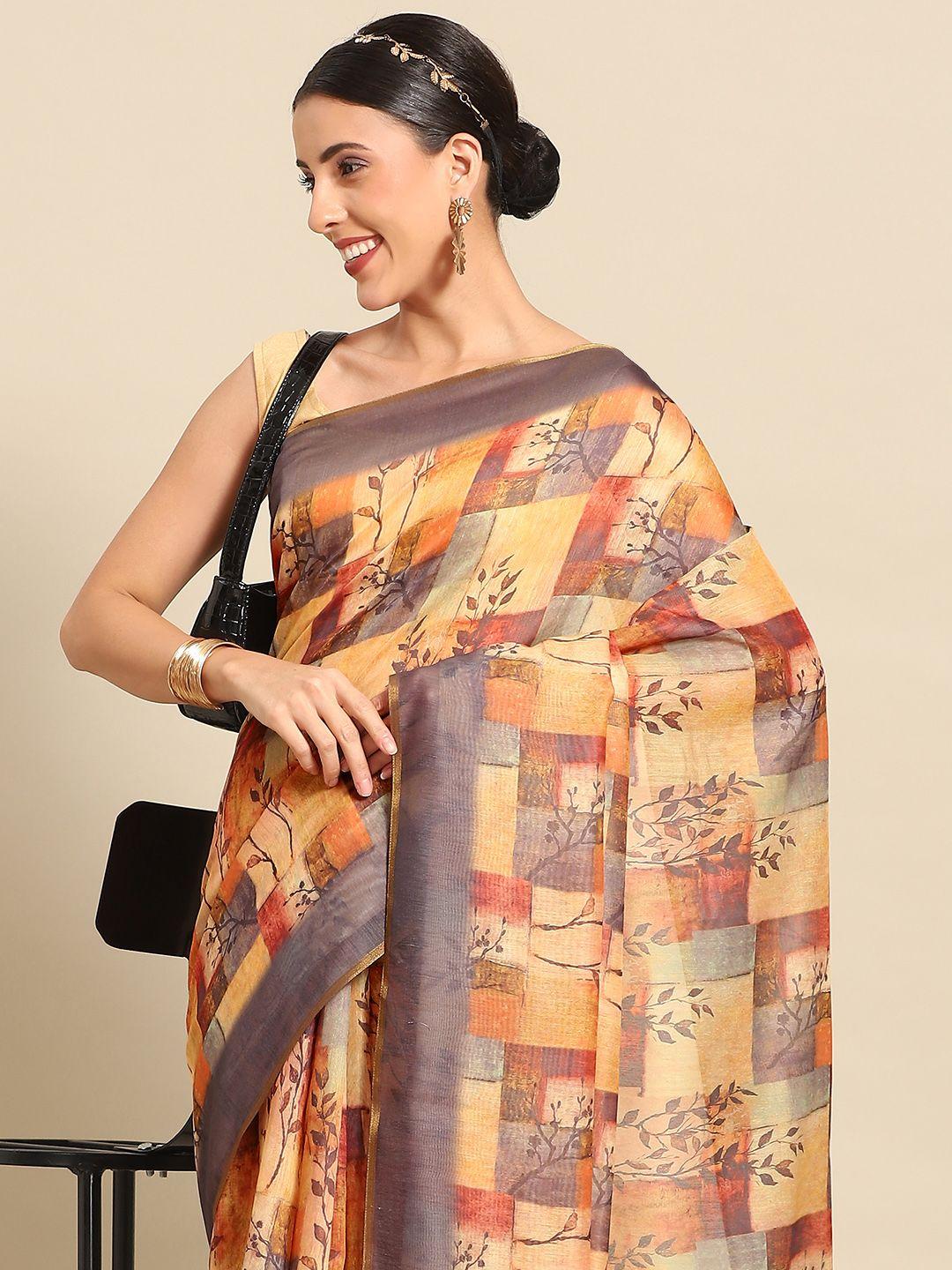 silk land floral zari pure cotton fusion block print saree