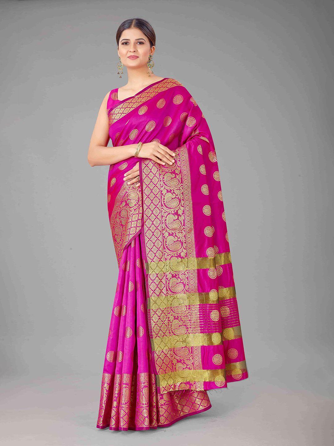 silk land fuchsia pink & golden ethnic motifs pure silk banarasi saree