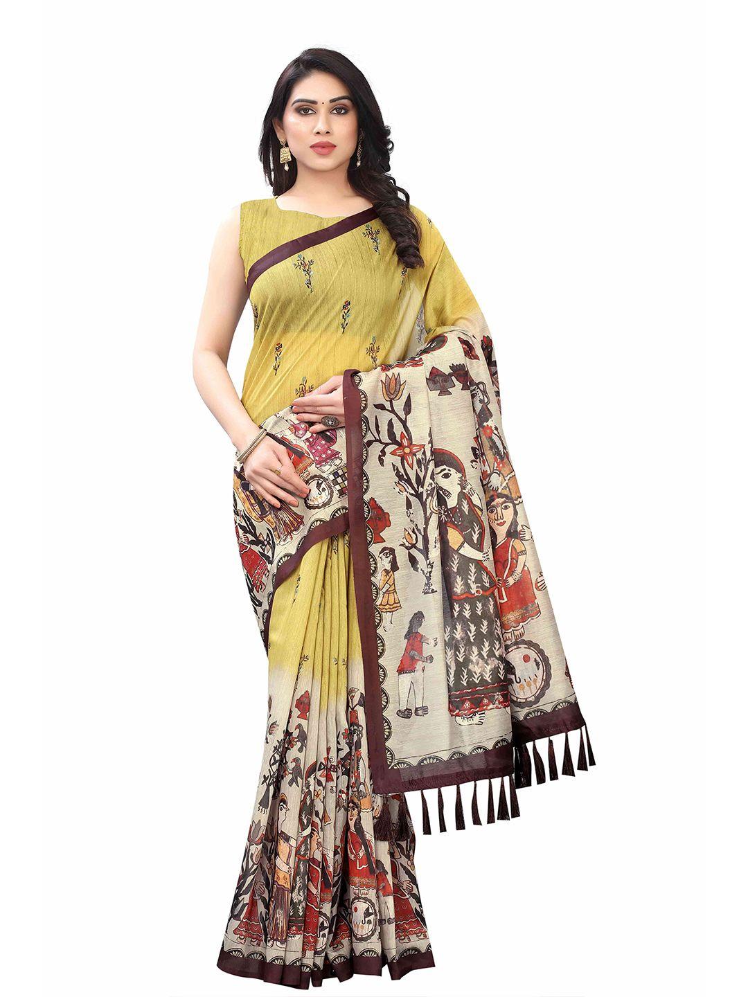 silk land green & brown kalamkari printed pure cotton ikat saree