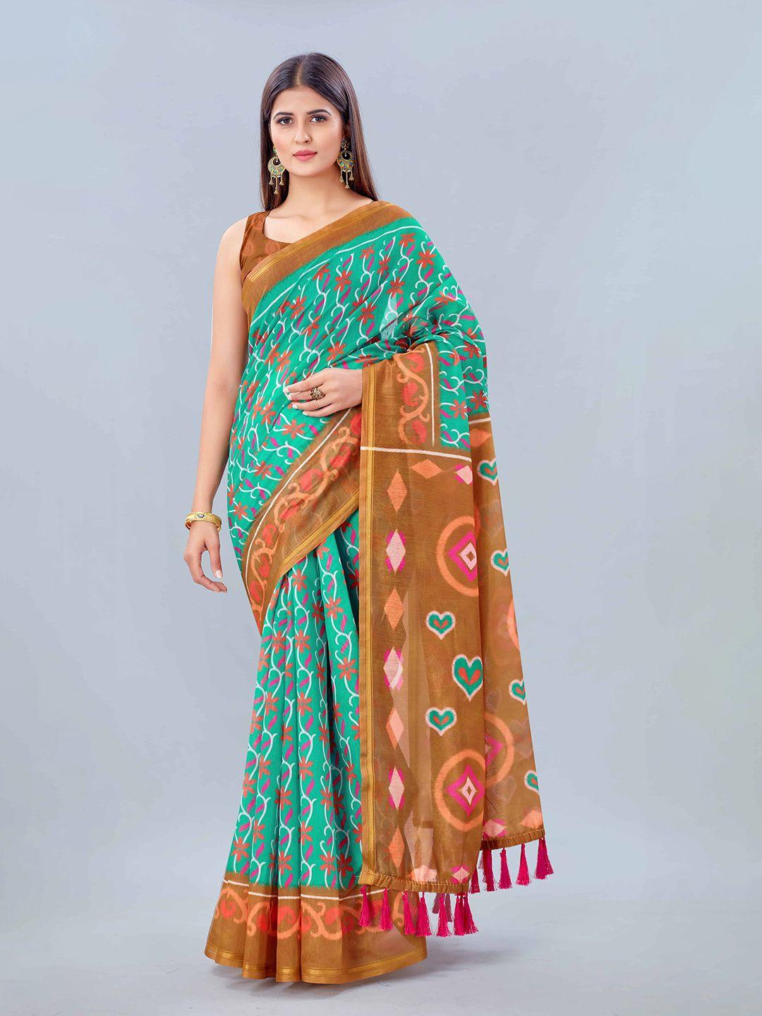 silk land green & brown kalamkari pure cotton ikat saree