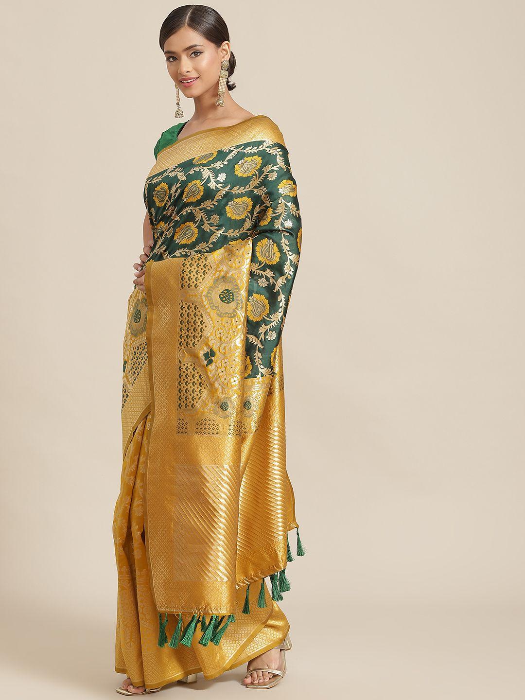 silk land green & mustard floral zari pure silk kanjeevaram saree