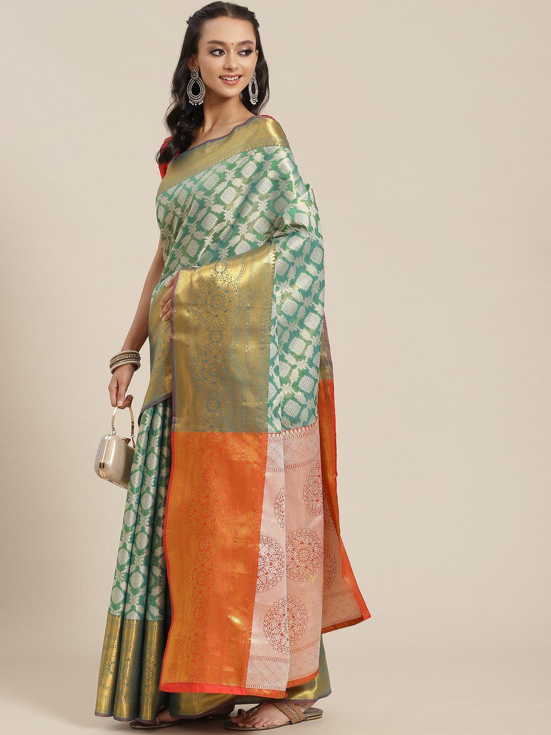 silk land green & orange ethnic motifs zari brocade banarasi saree