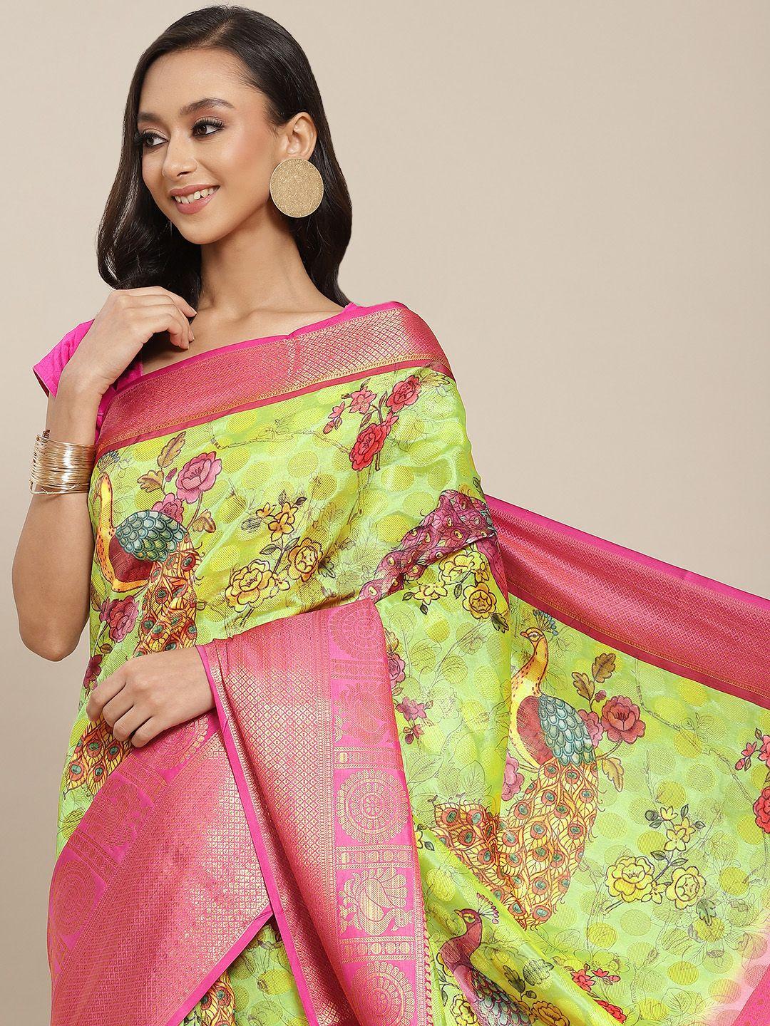 silk land green & pink ethnic motifs zari art silk banarasi saree