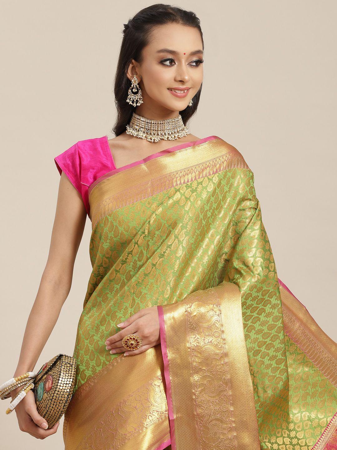 silk land green & pink ethnic motifs zari brocade banarasi saree