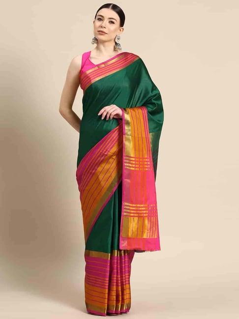 silk land green & pink silk woven saree with unstitched blouse