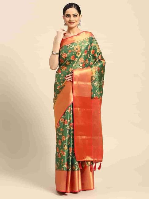 silk land green & red silk woven saree with unstitched blouse