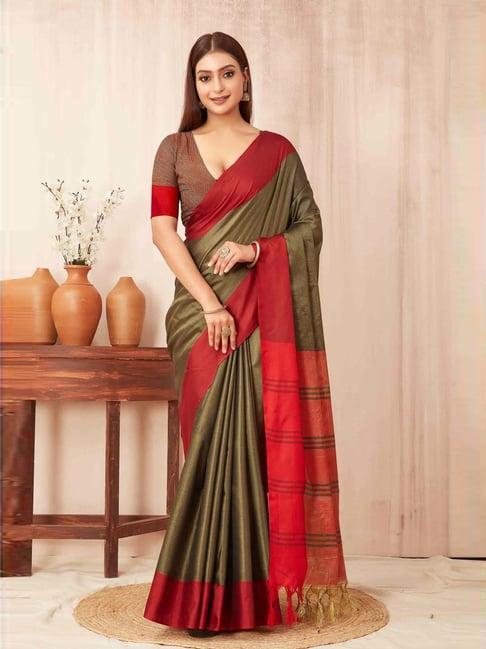 silk land green & red woven saree with unstitched blouse