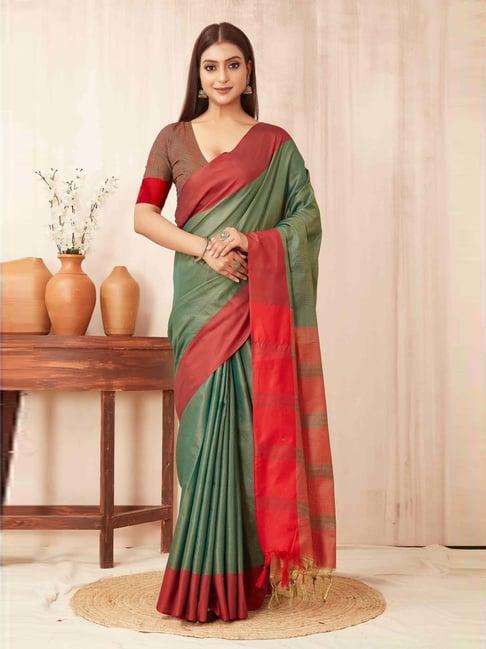 silk land green & red woven saree with unstitched blouse