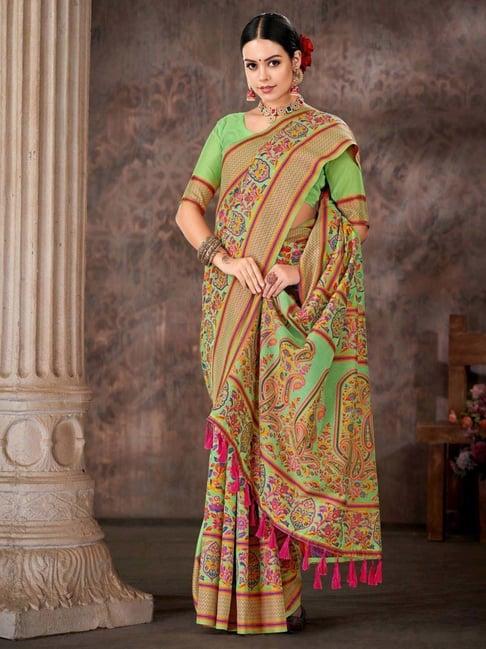 silk land green embroidered saree with unstitched blouse