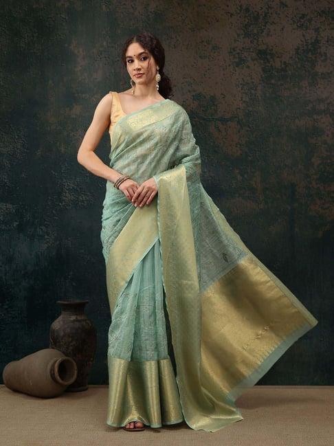 silk land green embroidered saree with unstitched blouse