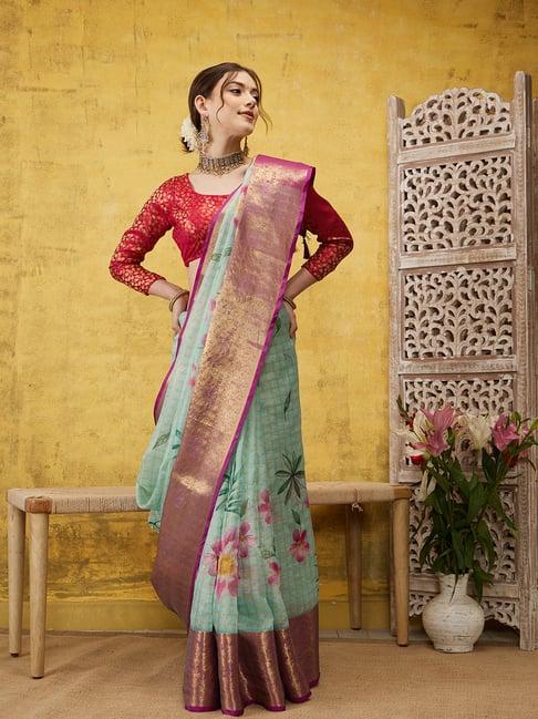 silk land green floral print saree with blouse