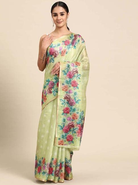 silk land green floral print saree with blouse