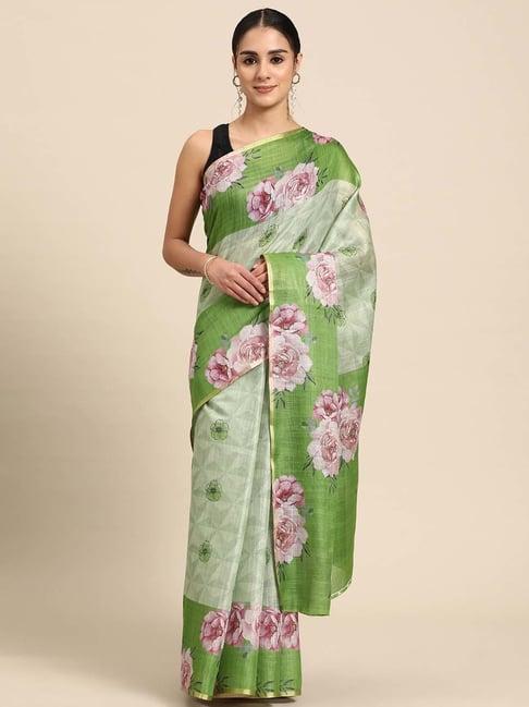 silk land green floral print saree with blouse