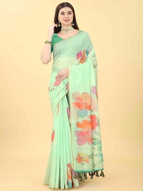 silk land green floral print saree with unstitched blouse