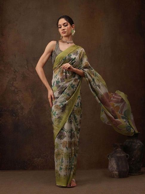 silk land green printed saree with unstitched blouse