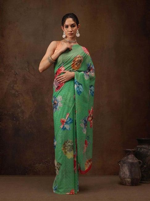 silk land green printed saree with unstitched blouse