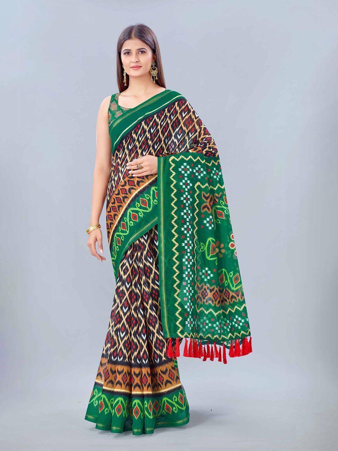 silk land green red kalamkari pure cotton saree with tassels