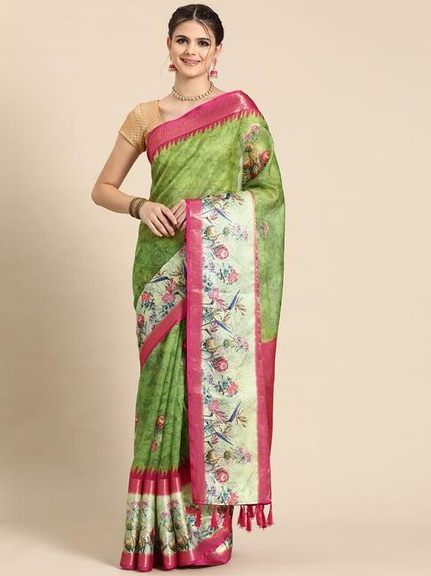 silk land green silk floral print saree with blouse