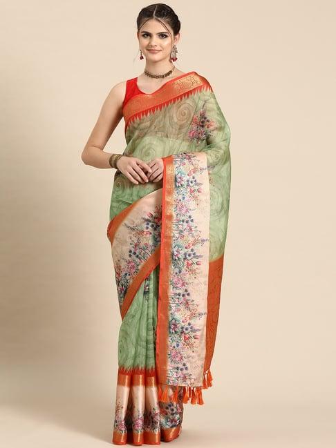 silk land green silk floral print saree with blouse