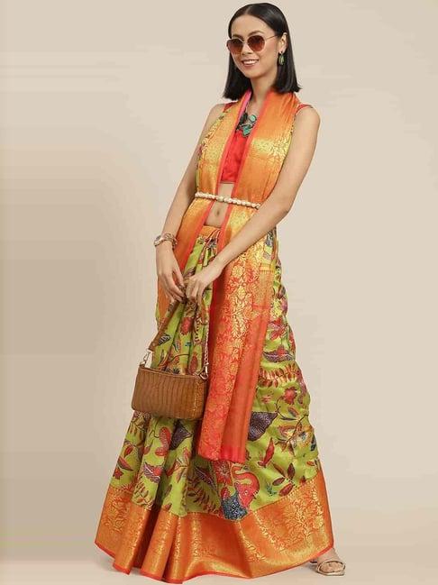 silk land green silk floral print saree with unstitched blouse