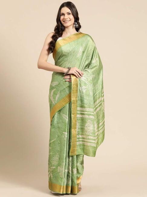 silk land green silk floral print saree with unstitched blouse