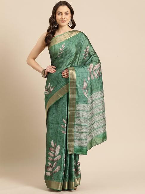 silk land green silk floral print saree with unstitched blouse