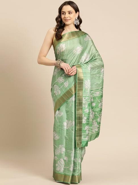 silk land green silk floral print saree with unstitched blouse