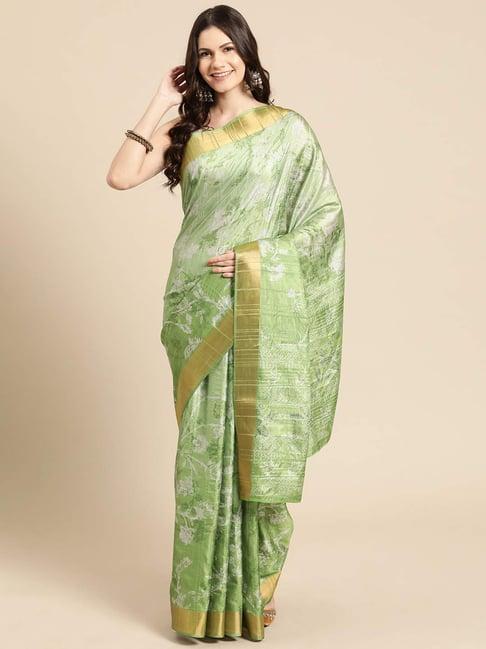 silk land green silk floral print saree with unstitched blouse