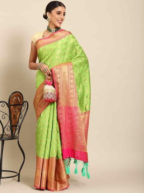 silk land green silk woven saree with unstitched blouse