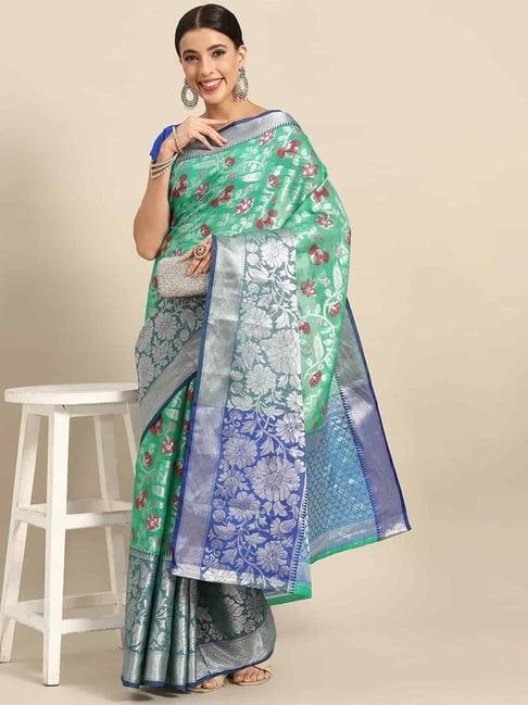 silk land green woven saree with unstitched blouse