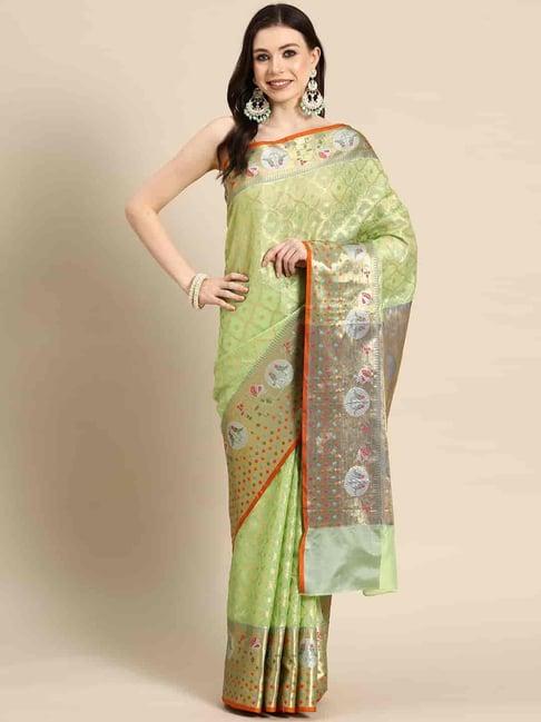 silk land green woven saree with unstitched blouse