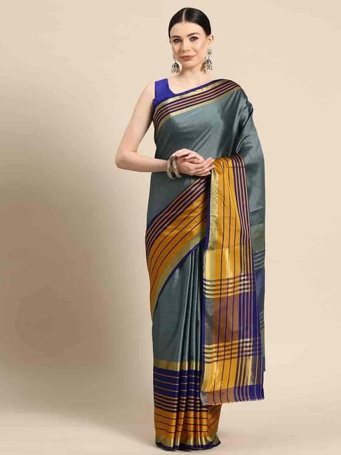 silk land grey & blue silk woven saree with unstitched blouse