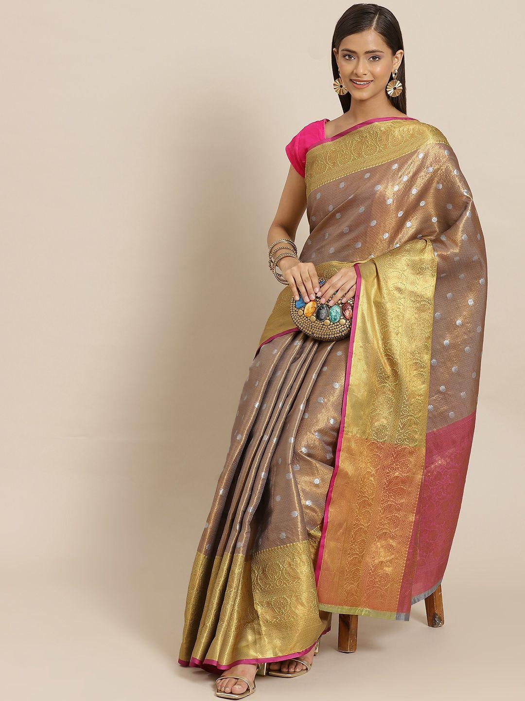 silk land grey & golden ethnic motifs zari pure silk banarasi saree