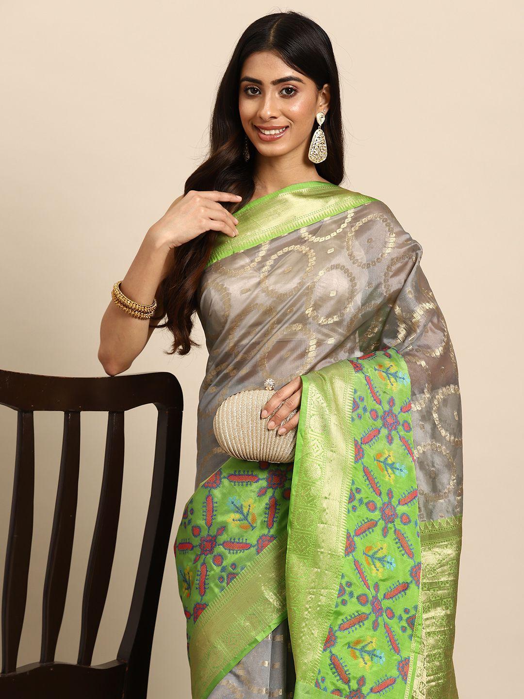 silk land grey & green zari silk blend banarasi saree