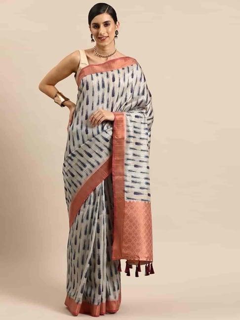 silk land grey & orange printed saree with unstitched blouse