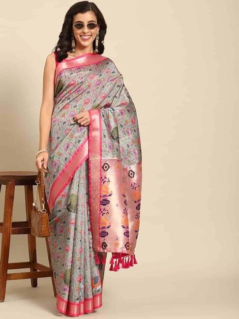 silk land grey & pink silk printed saree with unstitched blouse