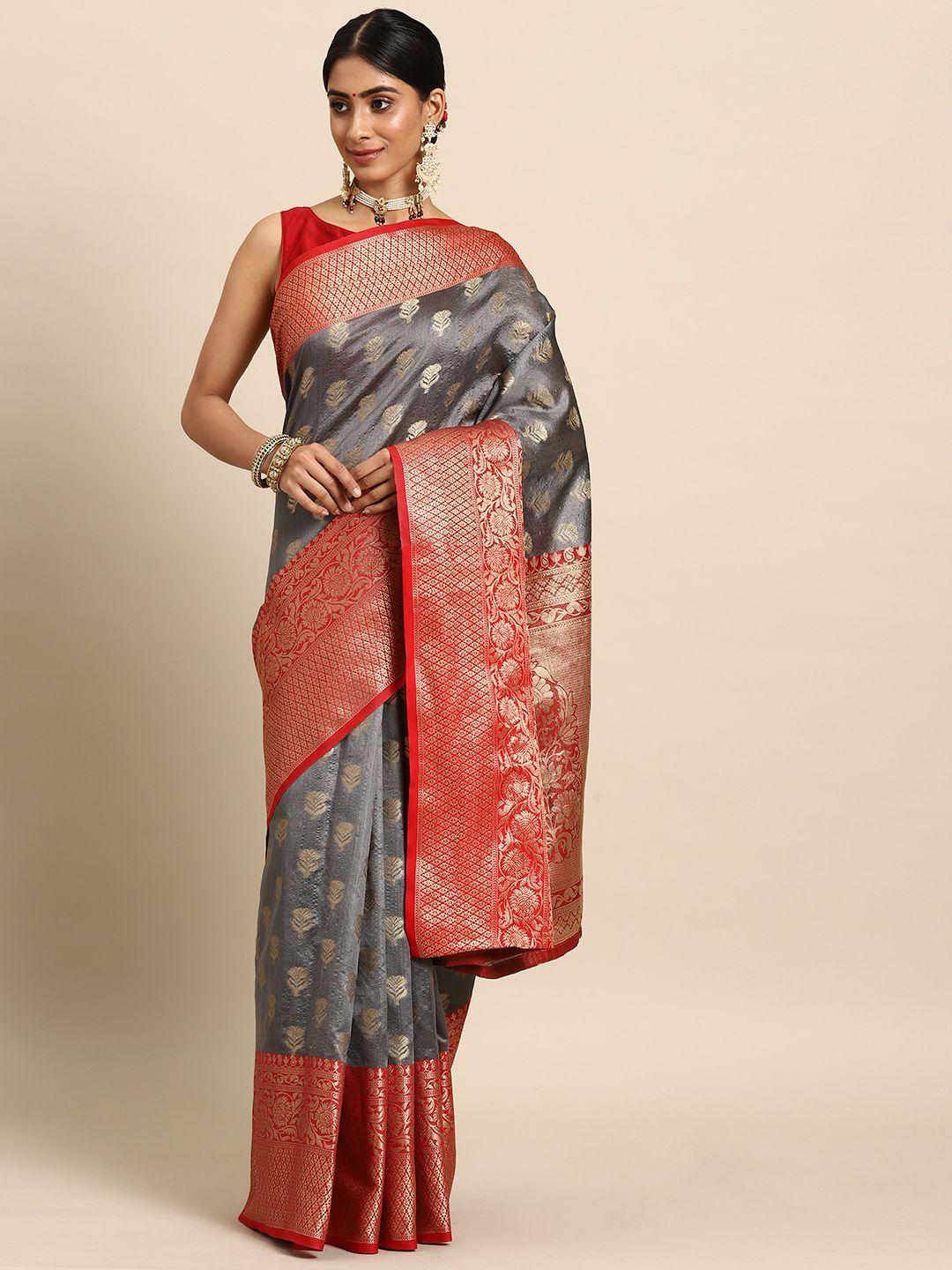 silk land grey & red ethnic motifs zari art silk banarasi saree