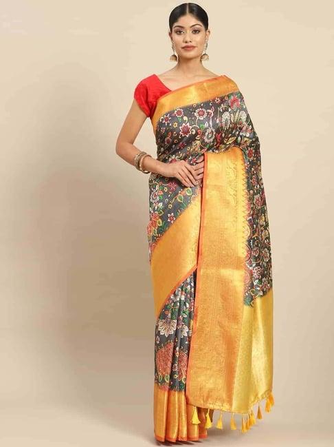 silk land grey & yellow silk printed saree with unstitched blouse