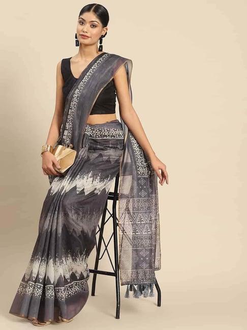 silk land grey printed saree with unstitched blouse