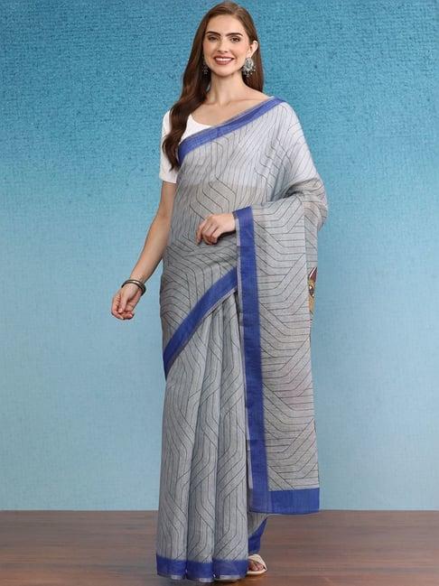 silk land grey printed saree with unstitched blouse