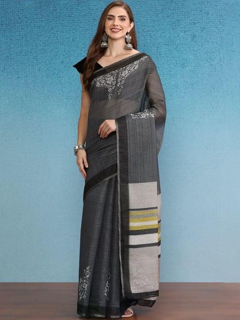 silk land grey printed saree with unstitched blouse