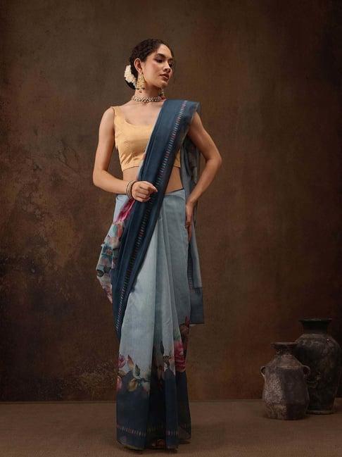 silk land grey printed saree with unstitched blouse