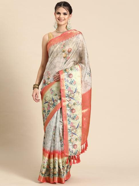 silk land grey silk floral print saree with blouse