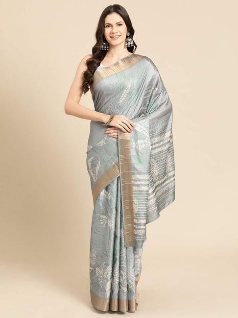 silk land grey silk floral print saree with unstitched blouse