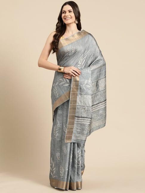 silk land grey silk floral print saree with unstitched blouse